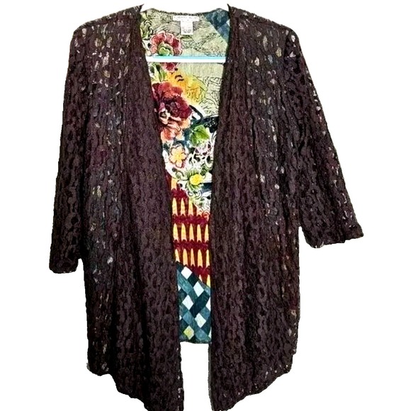 Alberto Makali Cardigan Jacket Top Large Womens Brown Lace Boho Asymmetric Artsy - Picture 1 of 8